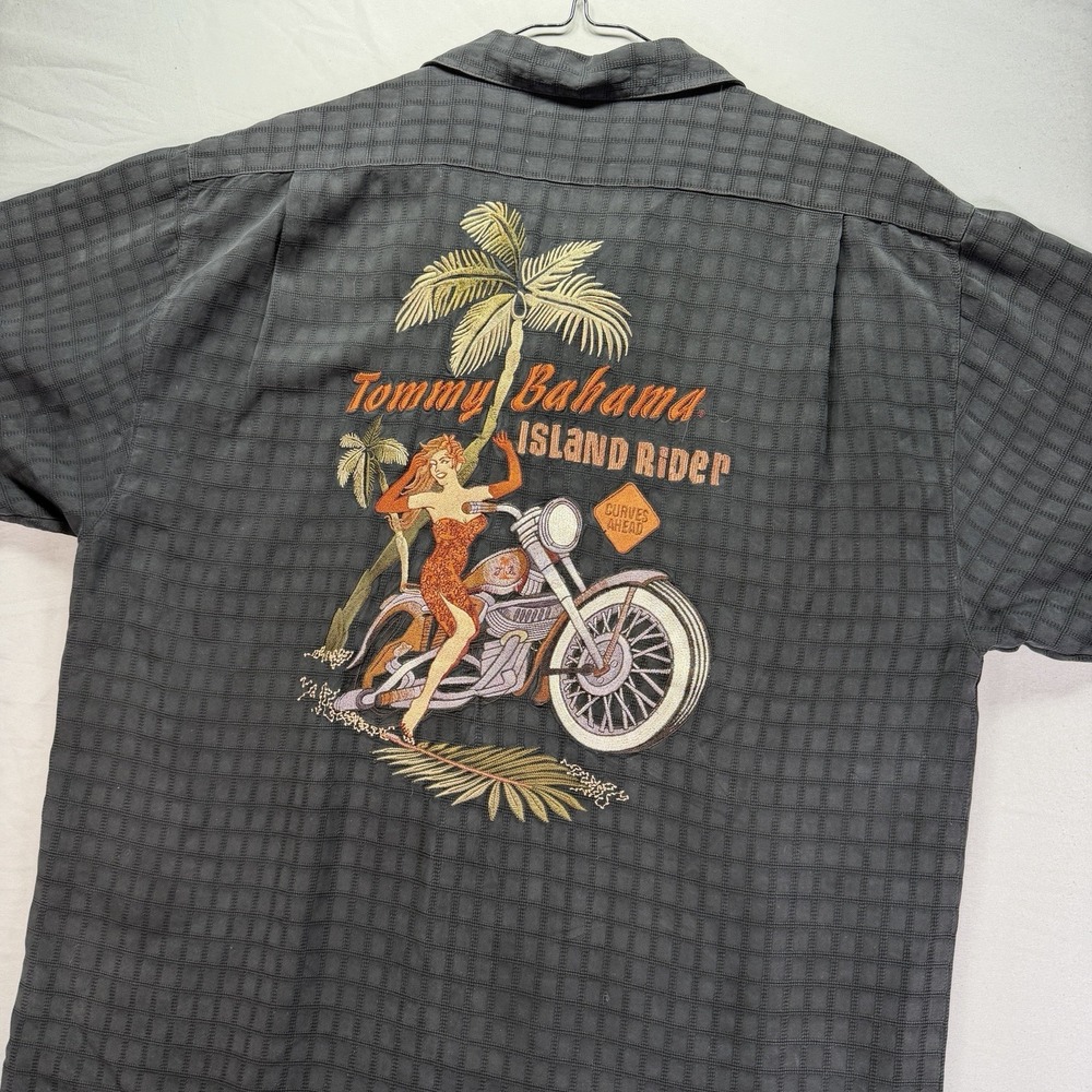 Tommy Bahama Shirt Mens Medium Silk Island Riders Motorcycle Black Loop Collar